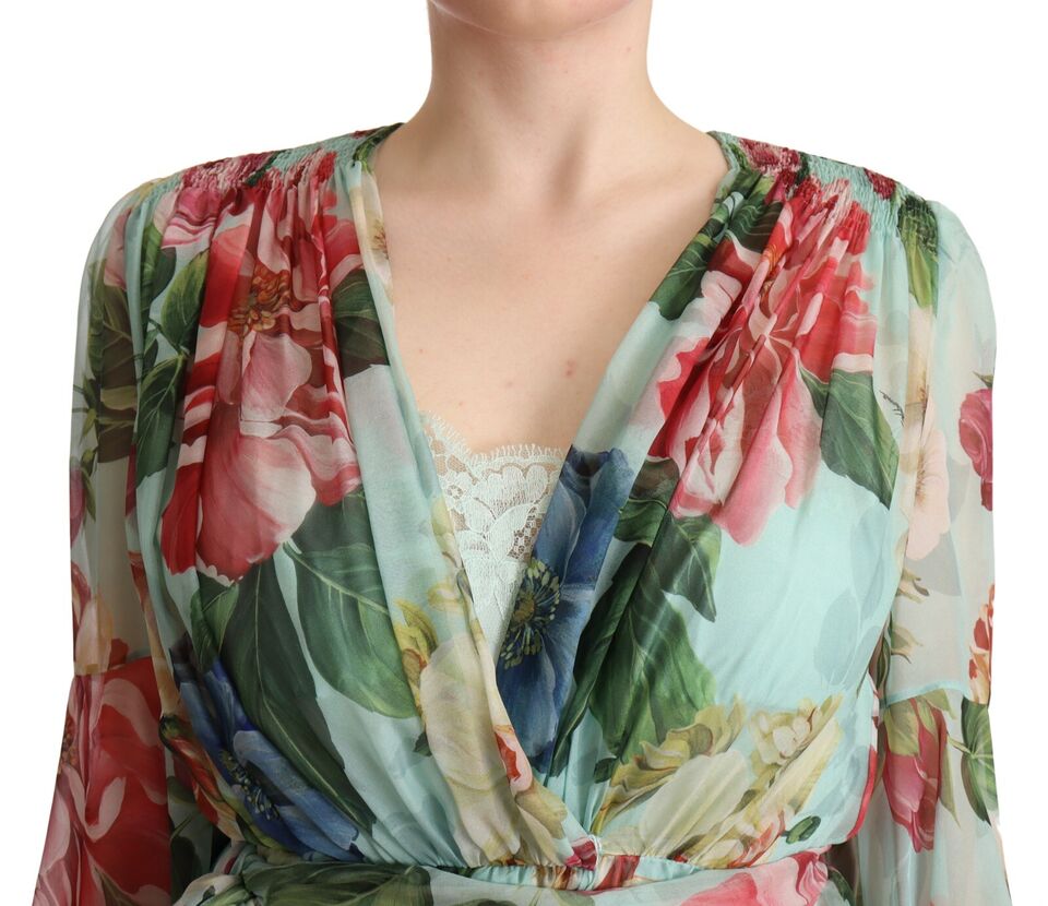 Dolce & Gabbana Multicolor Green Floral Silk Wrap Midi Dress by Dolce & Gabbana