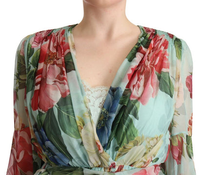 Dolce & Gabbana Multicolor Green Floral Silk Wrap Midi Dress by Dolce & Gabbana