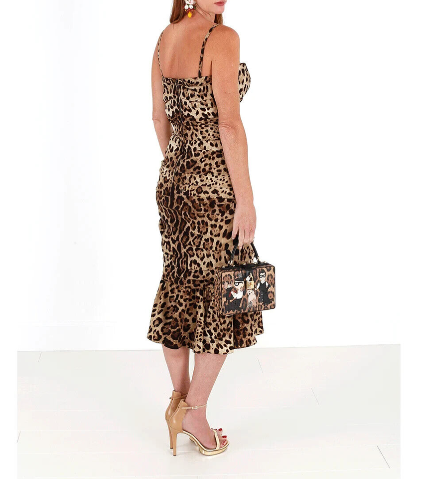 Dolce & Gabbana Brown Leopard Print Ruched Midi Dress by Dolce & Gabbana