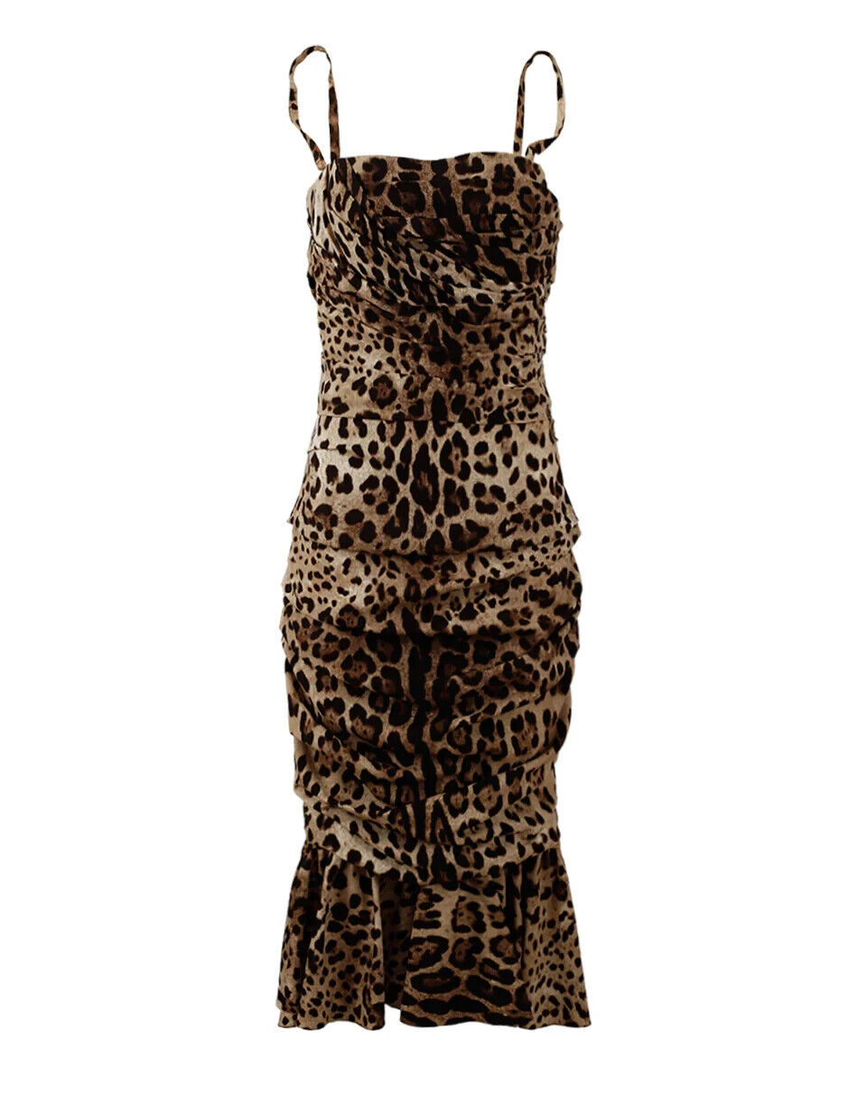 Dolce & Gabbana Brown Leopard Print Ruched Midi Dress by Dolce & Gabbana