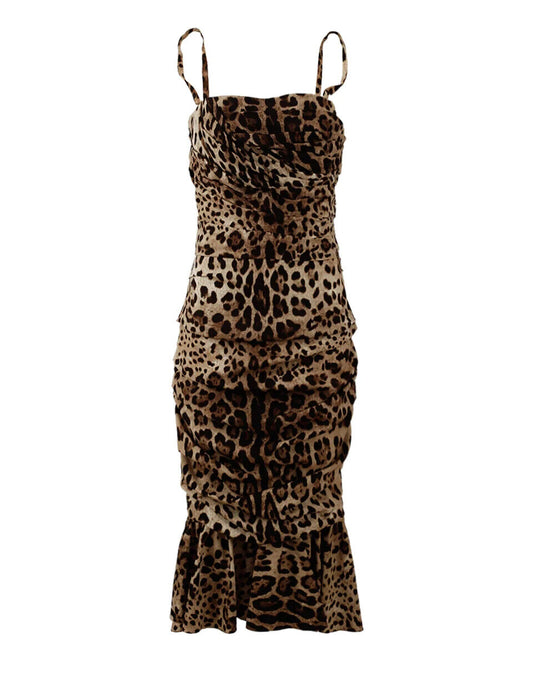 Dolce & Gabbana Brown Leopard Print Ruched Midi Dress by Dolce & Gabbana
