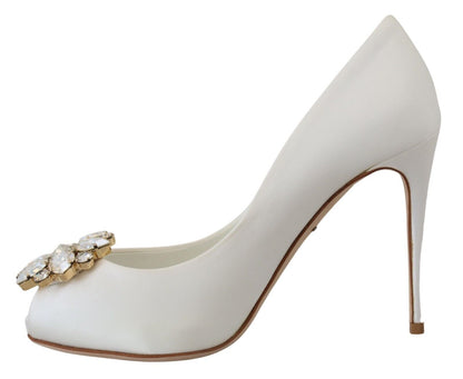 Dolce &amp; Gabbana White Crystals Peep Toe Heel Satin Pumps
