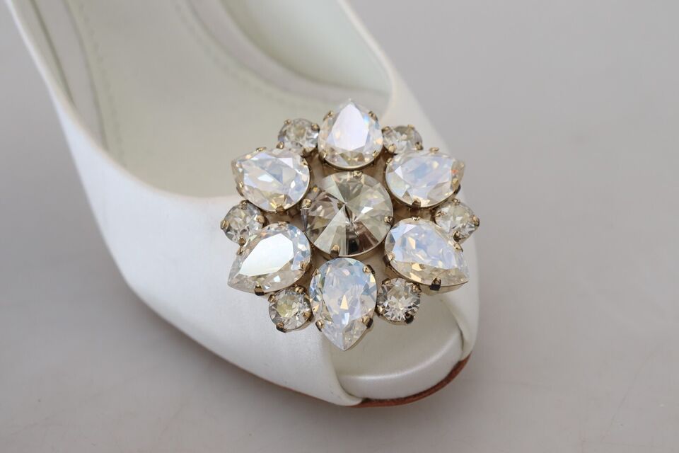 Dolce &amp; Gabbana White Crystals Peep Toe Heel Satin Pumps