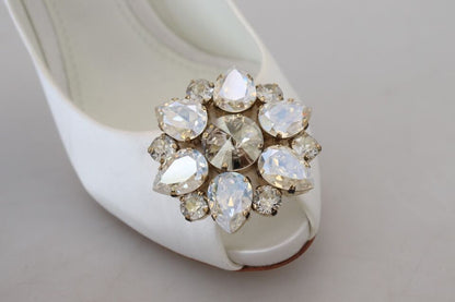 Dolce &amp; Gabbana White Crystals Peep Toe Heel Satin Pumps
