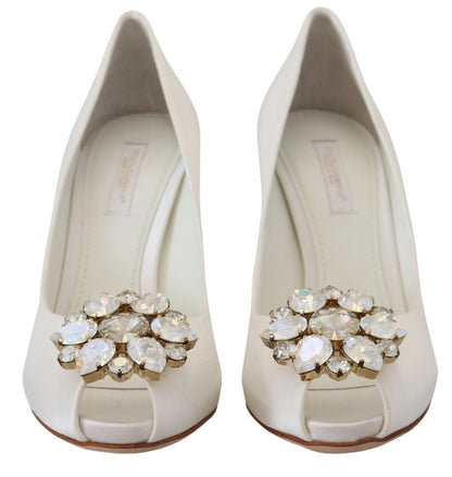 Dolce &amp; Gabbana White Crystals Peep Toe Heel Satin Pumps