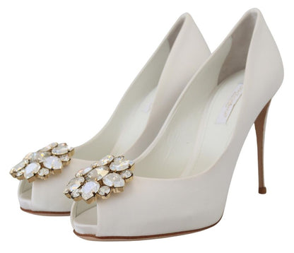 Dolce &amp; Gabbana White Crystals Peep Toe Heel Satin Pumps
