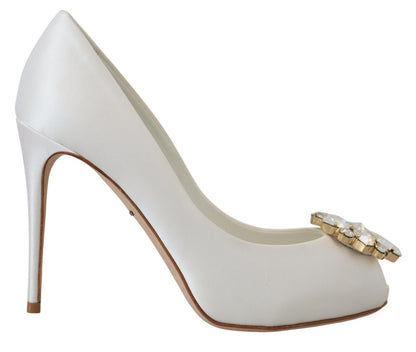 Dolce &amp; Gabbana White Crystals Peep Toe Heel Satin Pumps