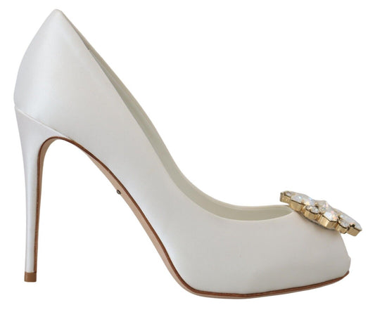 Dolce &amp; Gabbana White Crystals Peep Toe Heel Satin Pumps