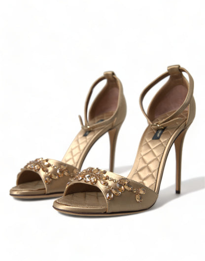 Dolce &amp; Gabbana Gold Satin Ankle Strap Crystal Sandals Shoes