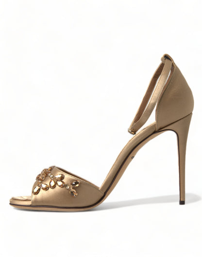 Dolce &amp; Gabbana Gold Satin Ankle Strap Crystal Sandals Shoes