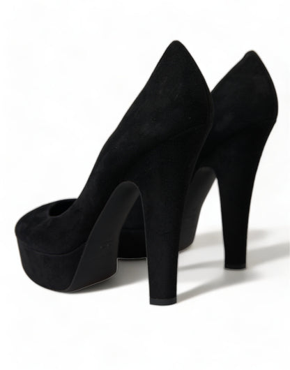 Dolce &amp; Gabbana Black Suede Leather Platform Heel Pumps Shoes