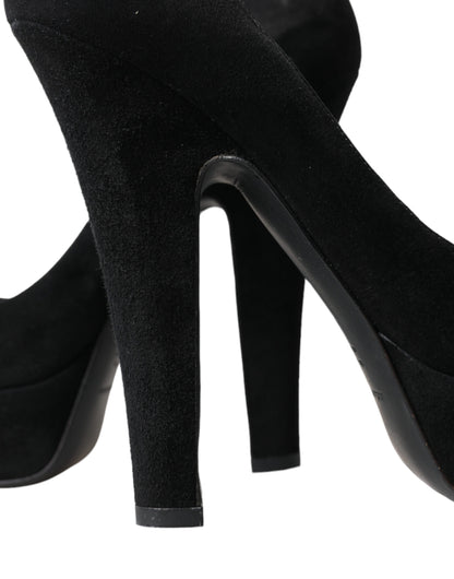 Dolce &amp; Gabbana Black Suede Leather Platform Heel Pumps Shoes