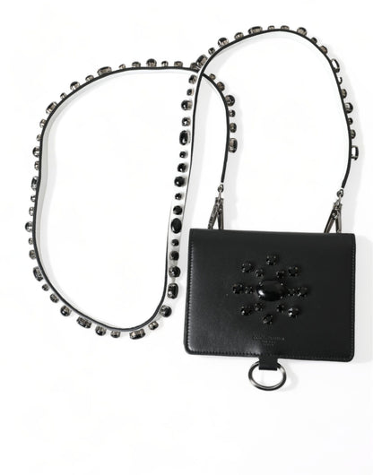 Dolce &amp; Gabbana Black Leather Crystal Embellished Card Holder Wallet
