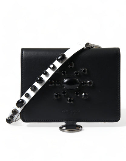 Dolce &amp; Gabbana Black Leather Crystal Embellished Card Holder Wallet