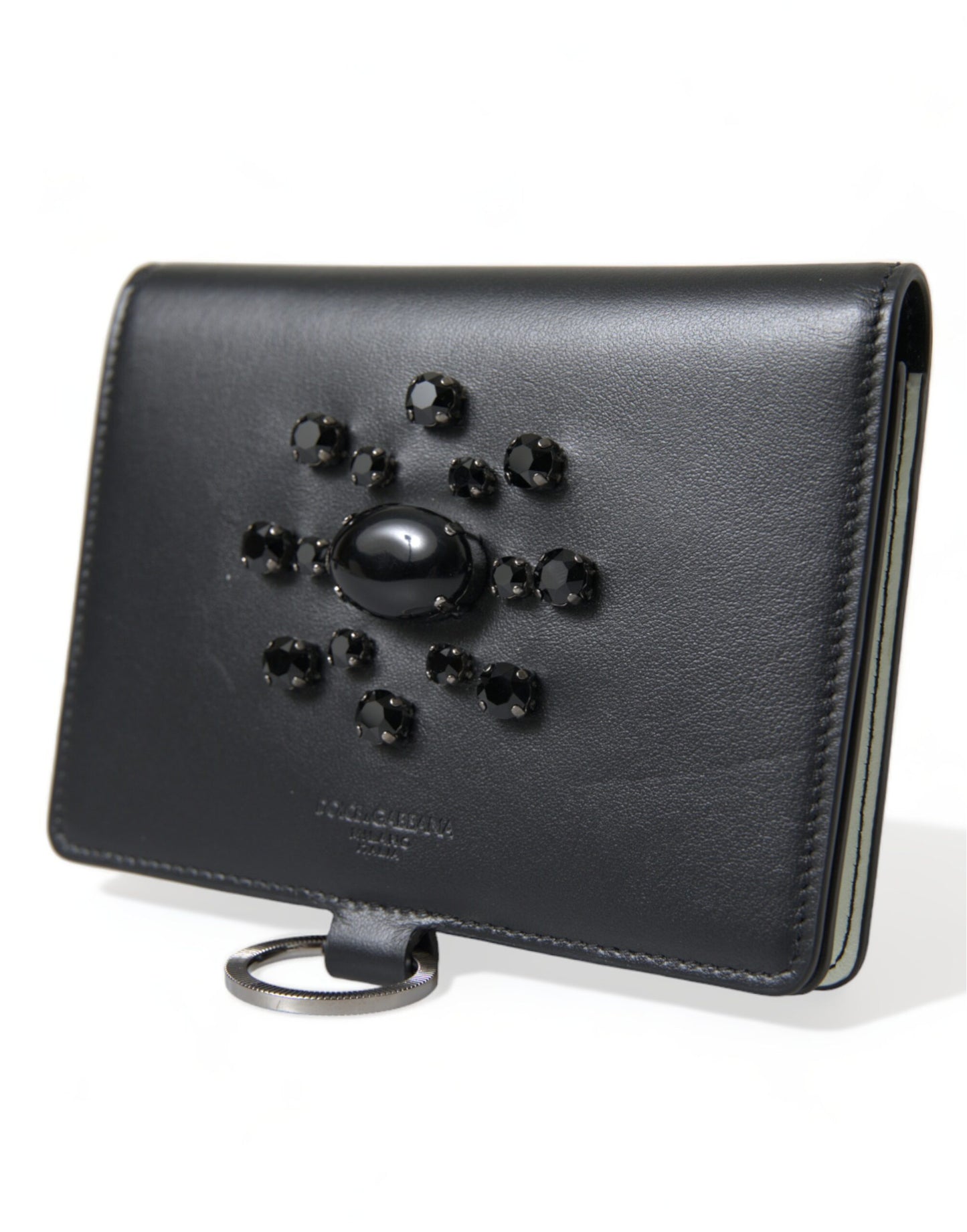 Dolce &amp; Gabbana Black Leather Crystal Embellished Card Holder Wallet