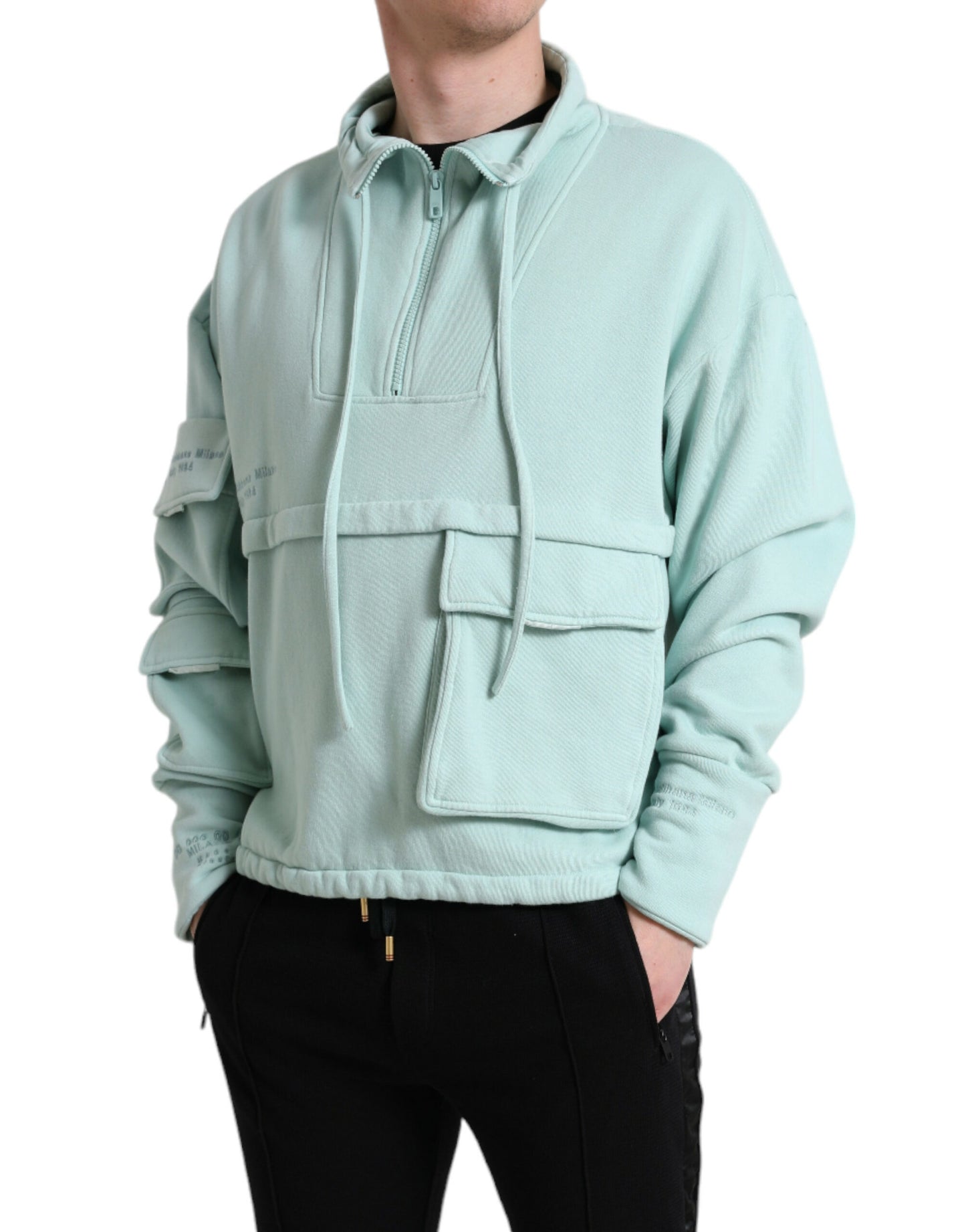 Dolce & Gabbana Mint Green Cotton Pockets Pullover Sweater by Dolce & Gabbana
