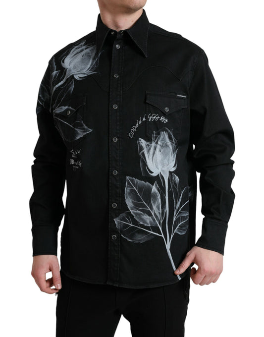 Dolce & Gabbana Black Floral Cotton Collared Dress Shirt by Dolce & Gabbana