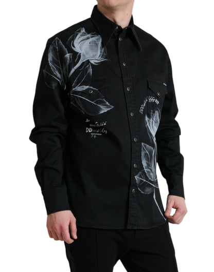 Dolce & Gabbana Black Floral Cotton Collared Dress Shirt by Dolce & Gabbana