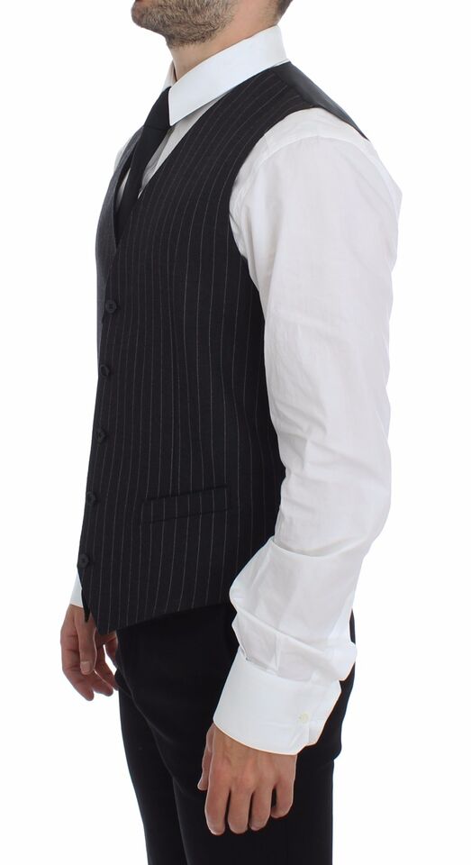 Dolce &amp; Gabbana Gray Striped Wool Logo Vest Gilet Weste