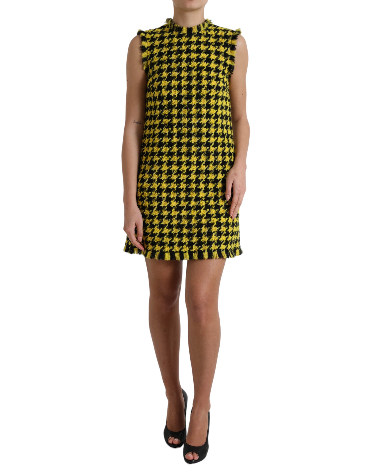 Dolce & Gabbana Yellow Houndstooth Sleeveless Aline Mini Dress by Dolce & Gabbana