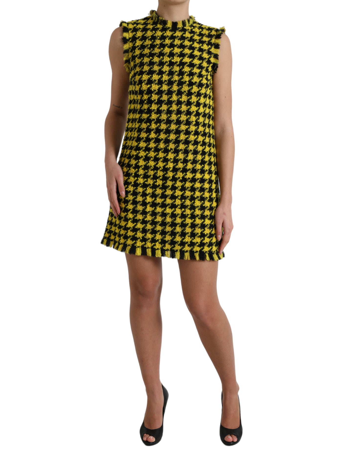 Dolce & Gabbana Yellow Houndstooth Sleeveless Aline Mini Dress by Dolce & Gabbana