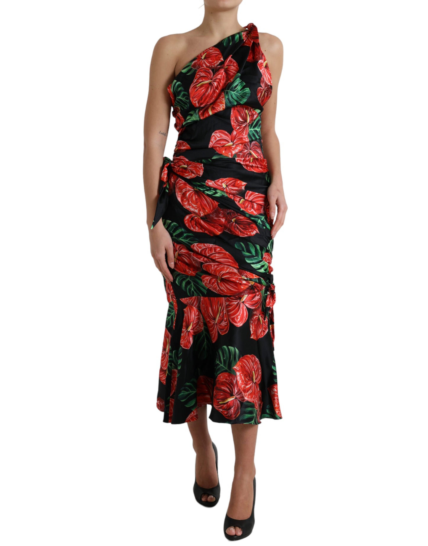 Dolce & Gabbana Black Shiny Silk Floral Print Draped Dress by Dolce & Gabbana