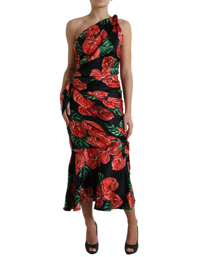 Dolce & Gabbana Black Shiny Silk Floral Print Draped Dress by Dolce & Gabbana