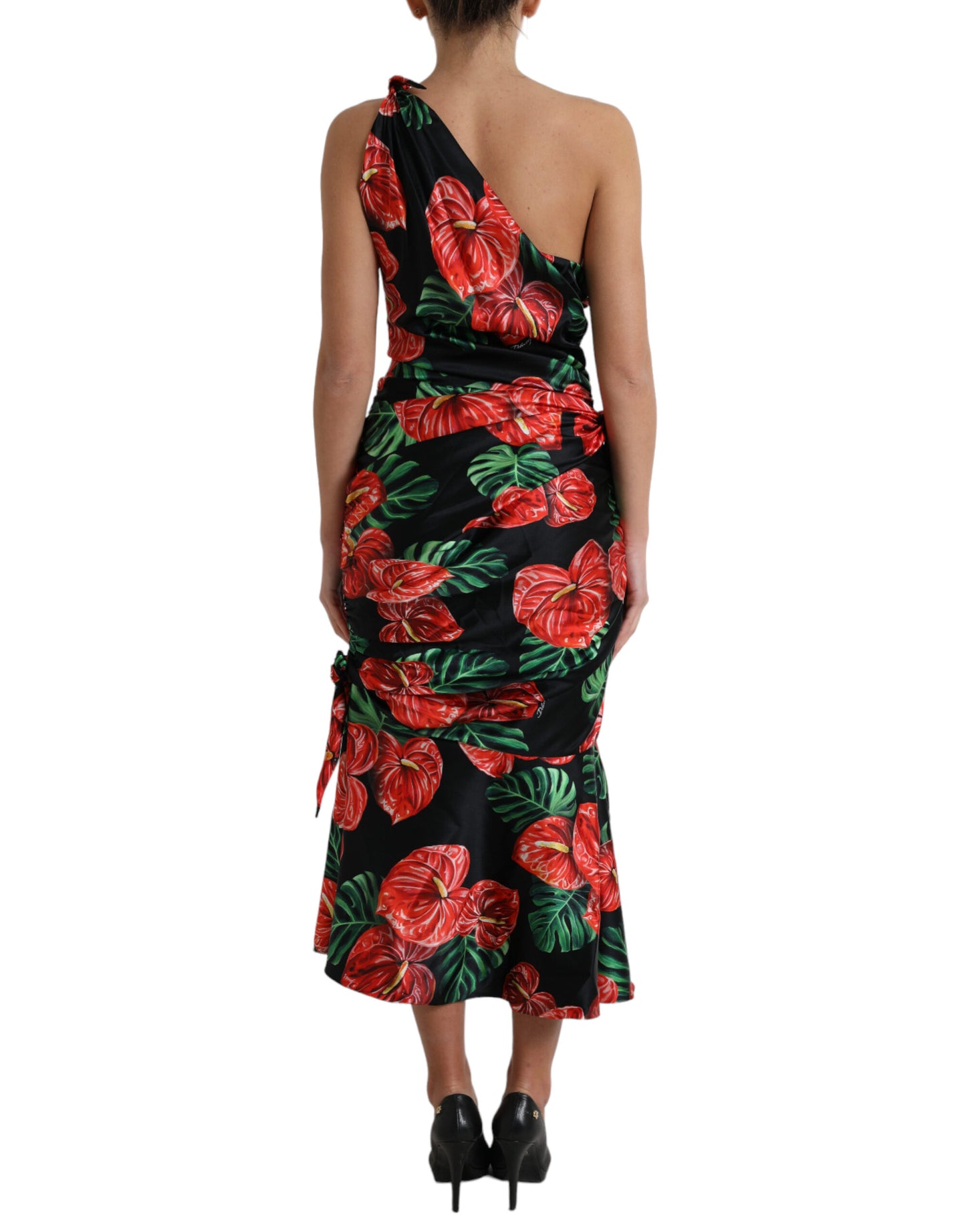 Dolce & Gabbana Black Shiny Silk Floral Print Draped Dress by Dolce & Gabbana