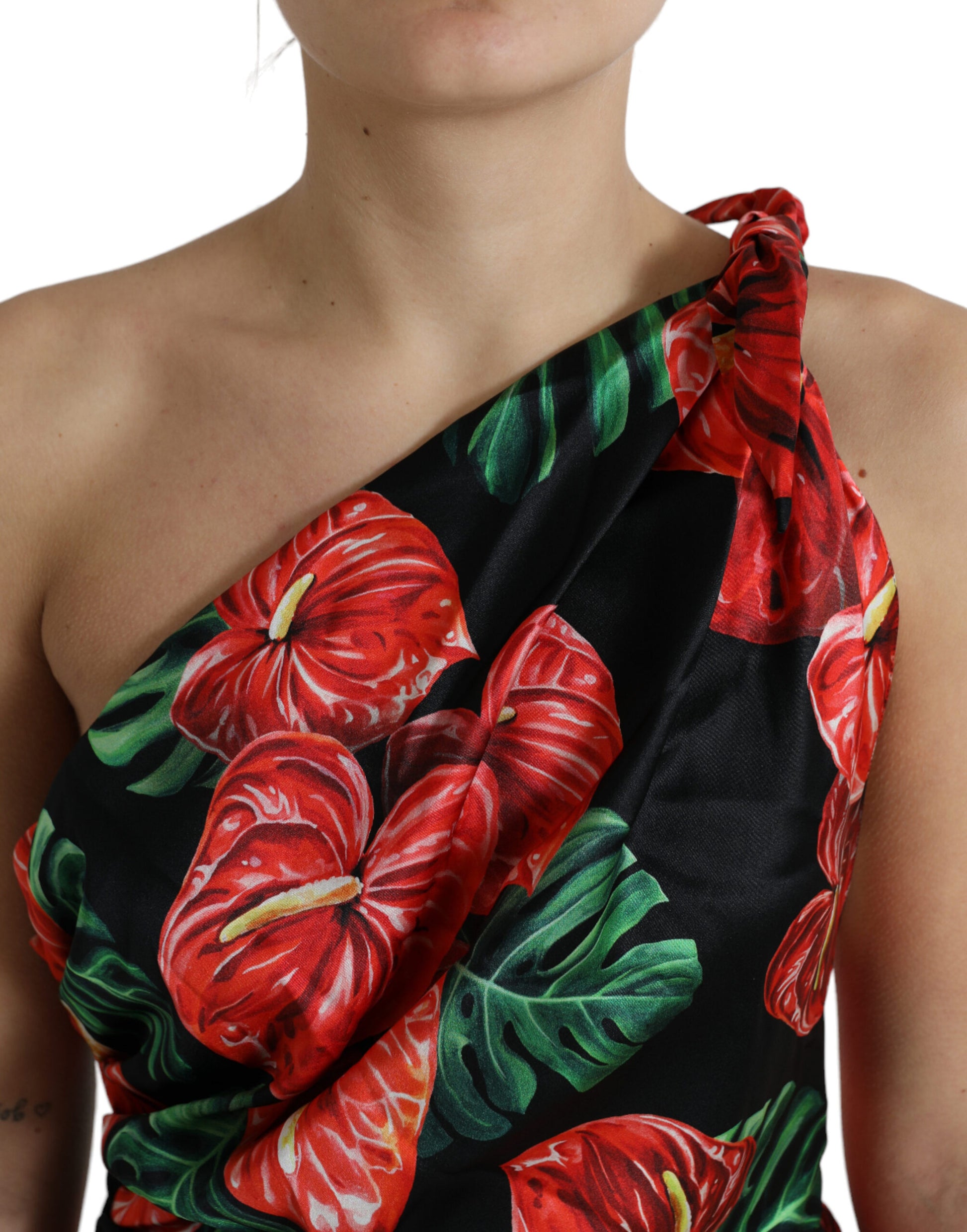 Dolce & Gabbana Black Shiny Silk Floral Print Draped Dress by Dolce & Gabbana