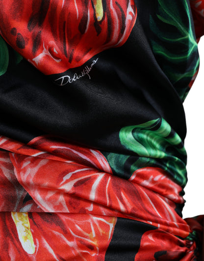 Dolce & Gabbana Black Shiny Silk Floral Print Draped Dress by Dolce & Gabbana