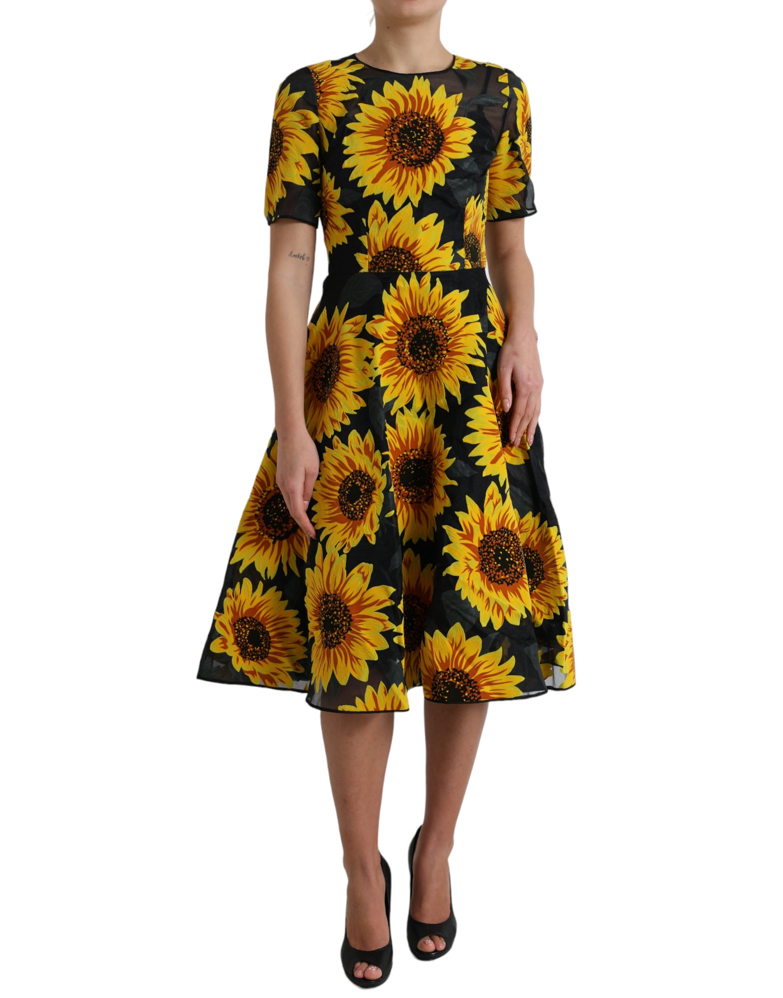 Dolce & Gabbana Black Sunflower Print Nylon A-line Midi Dress by Dolce & Gabbana