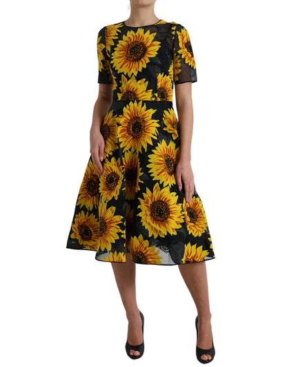 Dolce & Gabbana Black Sunflower Print Nylon A-line Midi Dress by Dolce & Gabbana