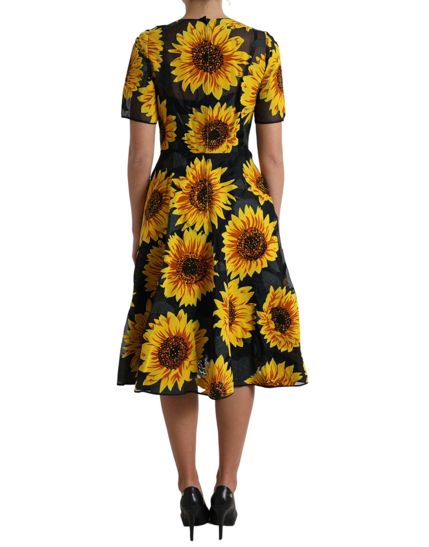 Dolce & Gabbana Black Sunflower Print Nylon A-line Midi Dress by Dolce & Gabbana