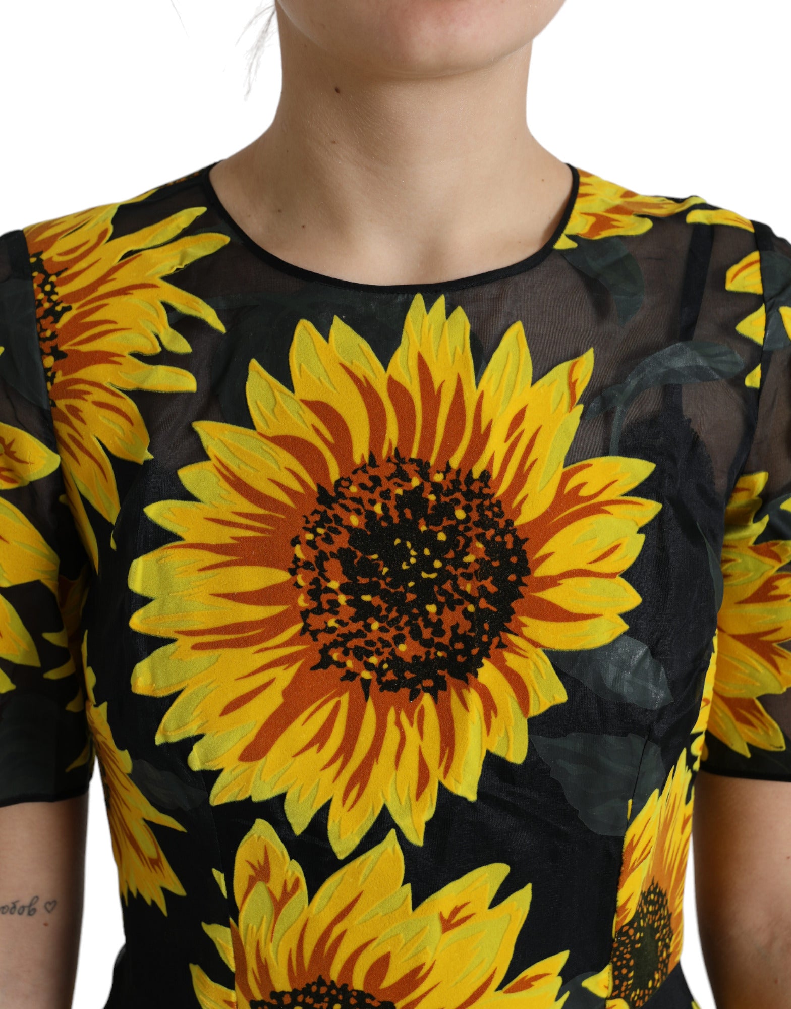 Dolce & Gabbana Black Sunflower Print Nylon A-line Midi Dress by Dolce & Gabbana