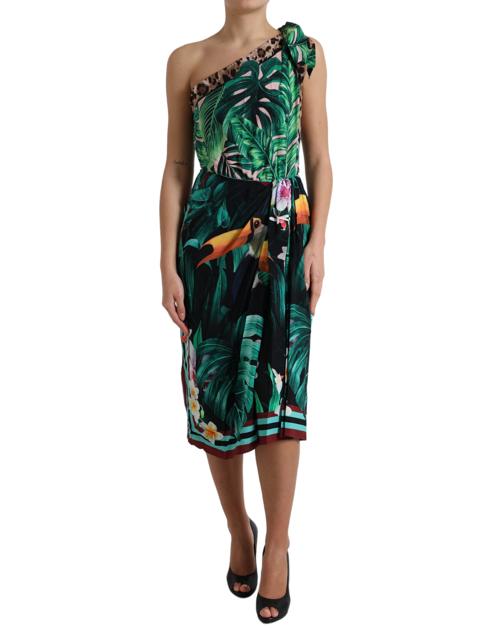 Dolce & Gabbana Green Tropical Jungle Print One Shoulder Midi Dress by Dolce & Gabbana