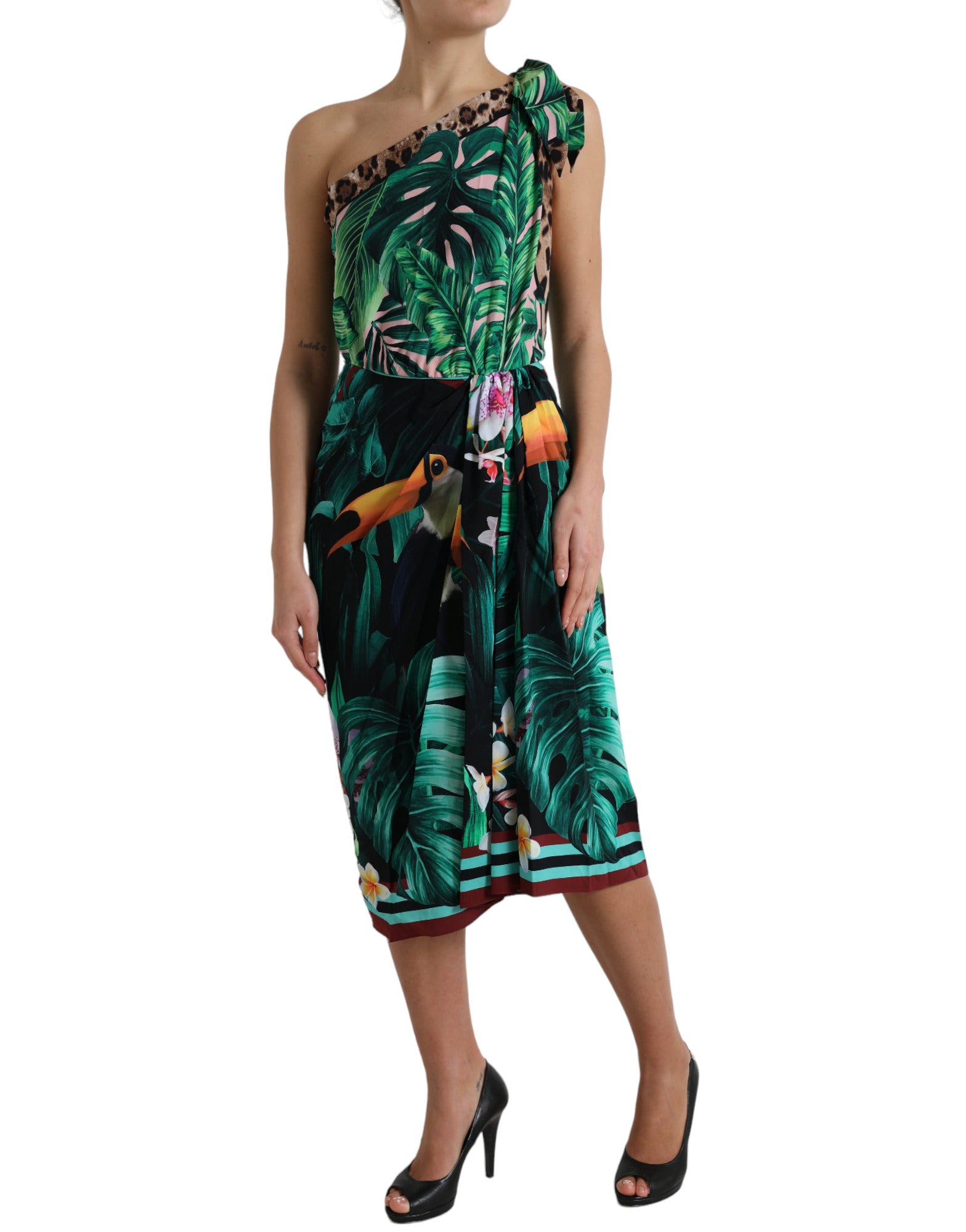 Dolce & Gabbana Green Tropical Jungle Print One Shoulder Midi Dress by Dolce & Gabbana