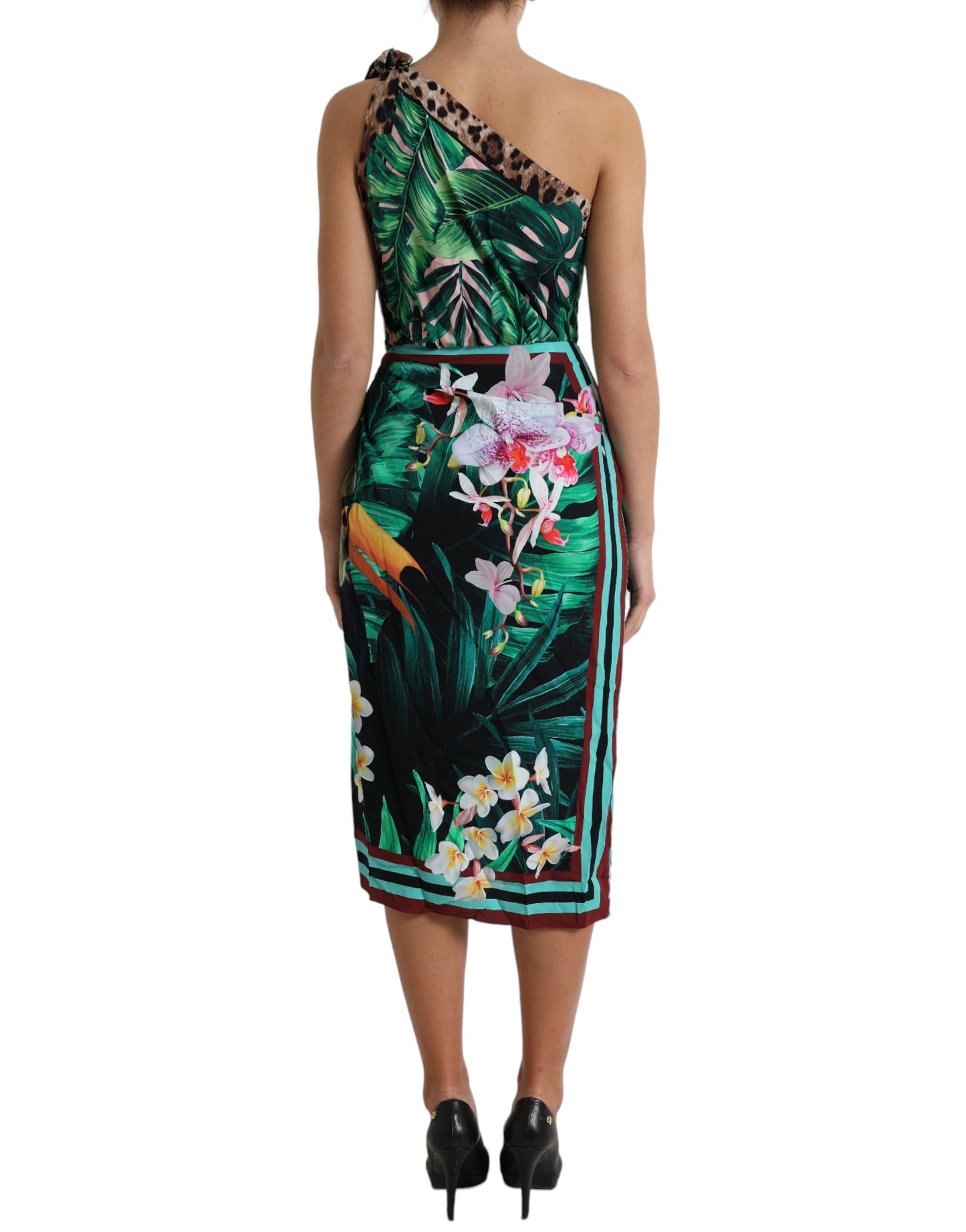 Dolce & Gabbana Green Tropical Jungle Print One Shoulder Midi Dress by Dolce & Gabbana