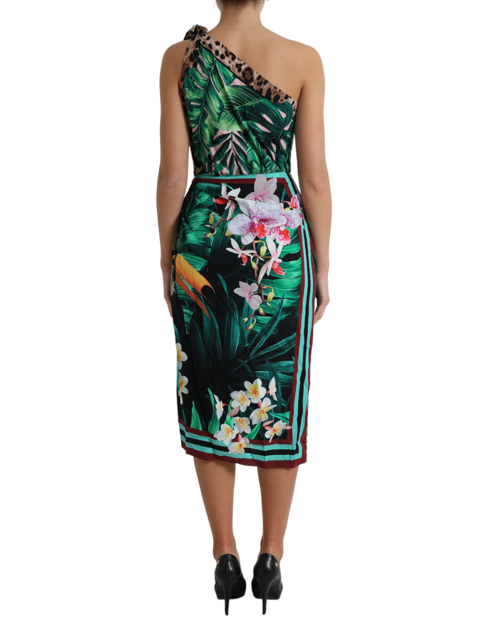 Dolce & Gabbana Green Tropical Jungle Print One Shoulder Midi Dress by Dolce & Gabbana