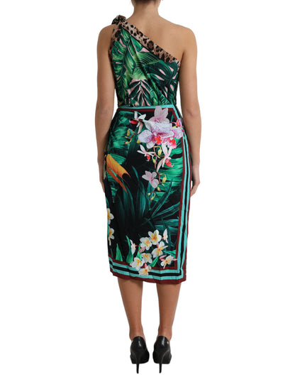 Dolce & Gabbana Green Tropical Jungle Print One Shoulder Midi Dress by Dolce & Gabbana