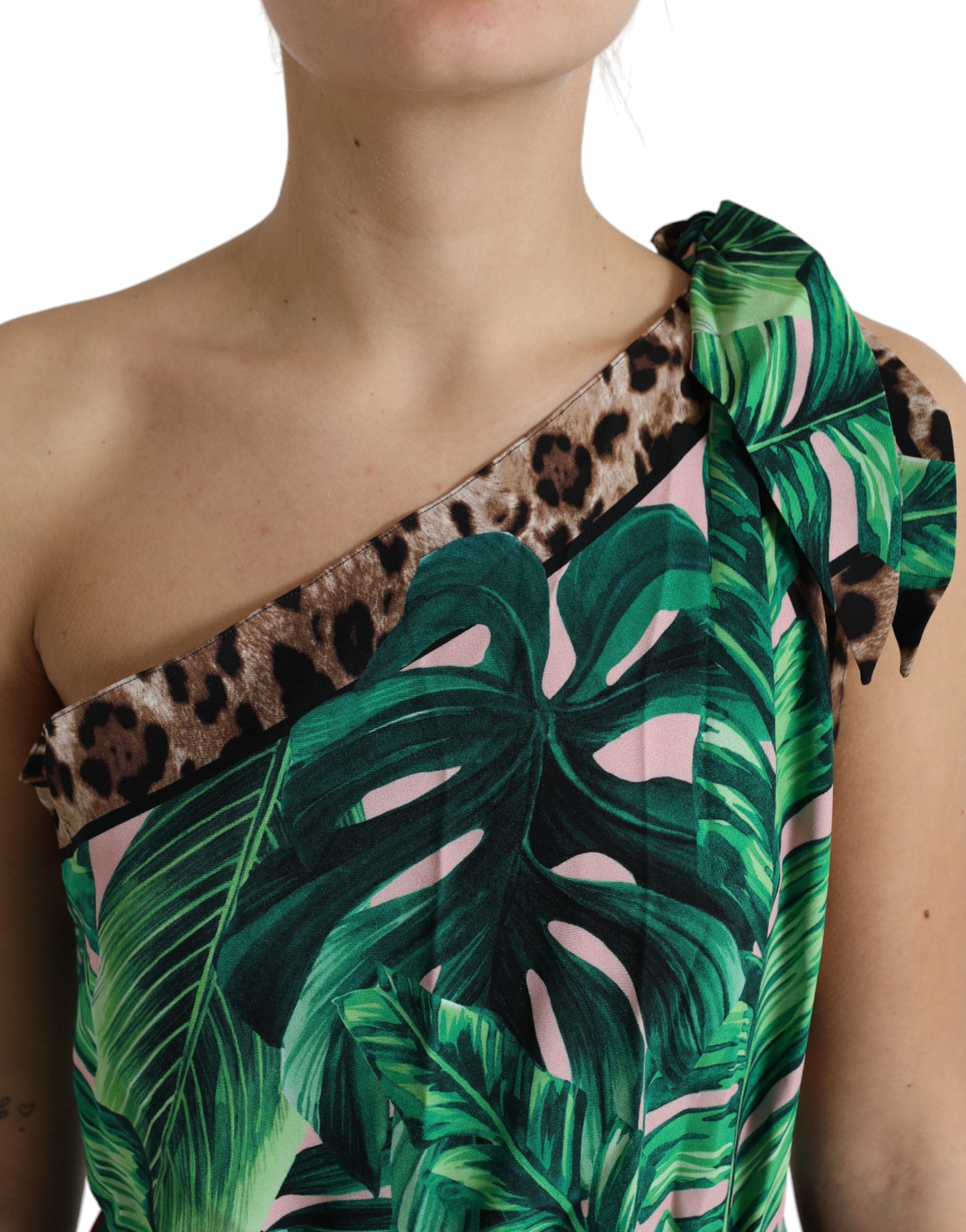 Dolce & Gabbana Green Tropical Jungle Print One Shoulder Midi Dress by Dolce & Gabbana