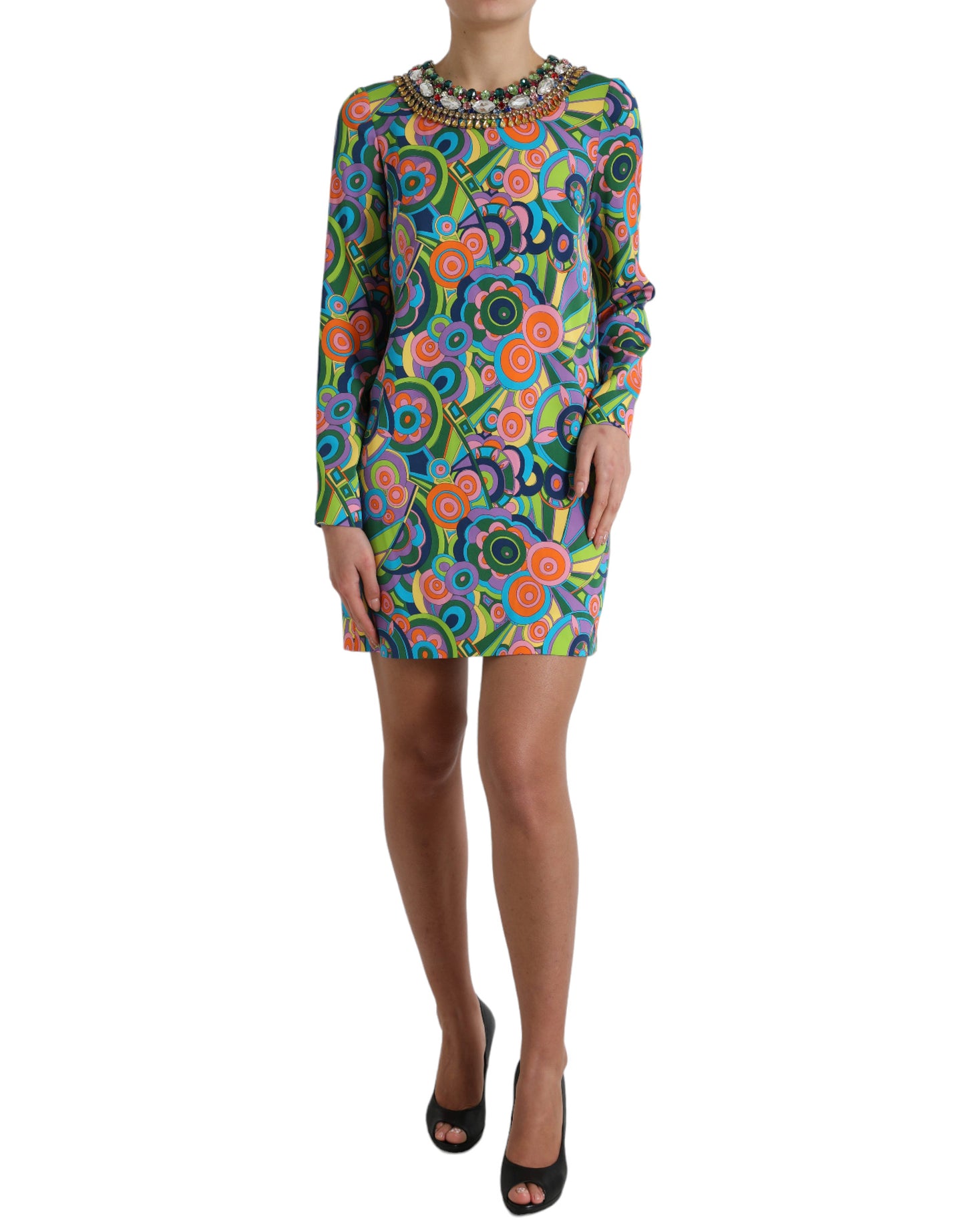 Dolce & Gabbana Multicolor Geometric Print Silk Crystals Midi Dress by Dolce & Gabbana