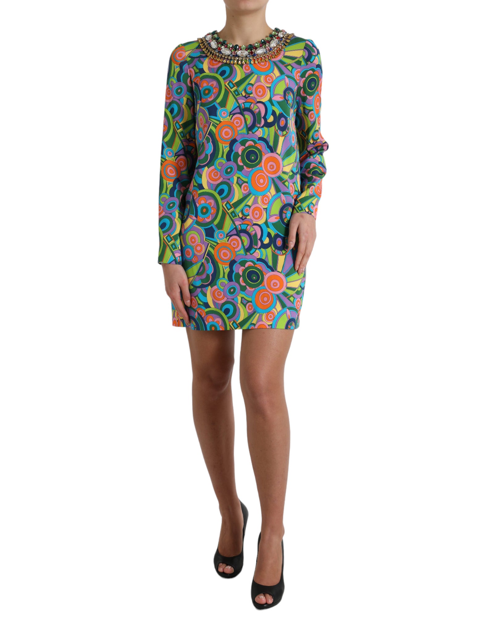 Dolce & Gabbana Multicolor Geometric Print Silk Crystals Midi Dress by Dolce & Gabbana