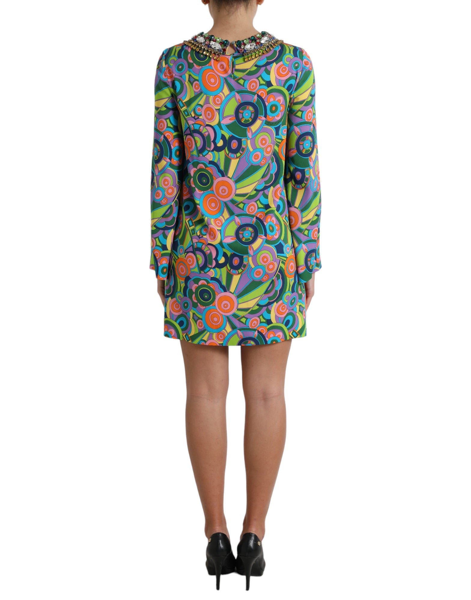 Dolce & Gabbana Multicolor Geometric Print Silk Crystals Midi Dress by Dolce & Gabbana