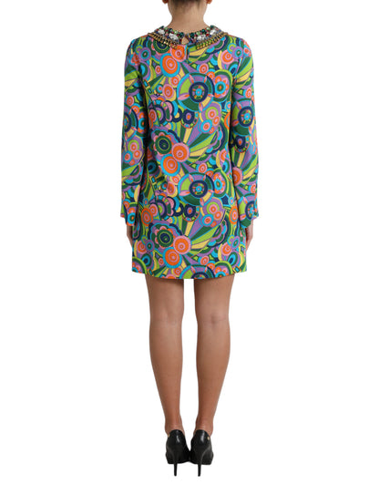 Dolce & Gabbana Multicolor Geometric Print Silk Crystals Midi Dress by Dolce & Gabbana