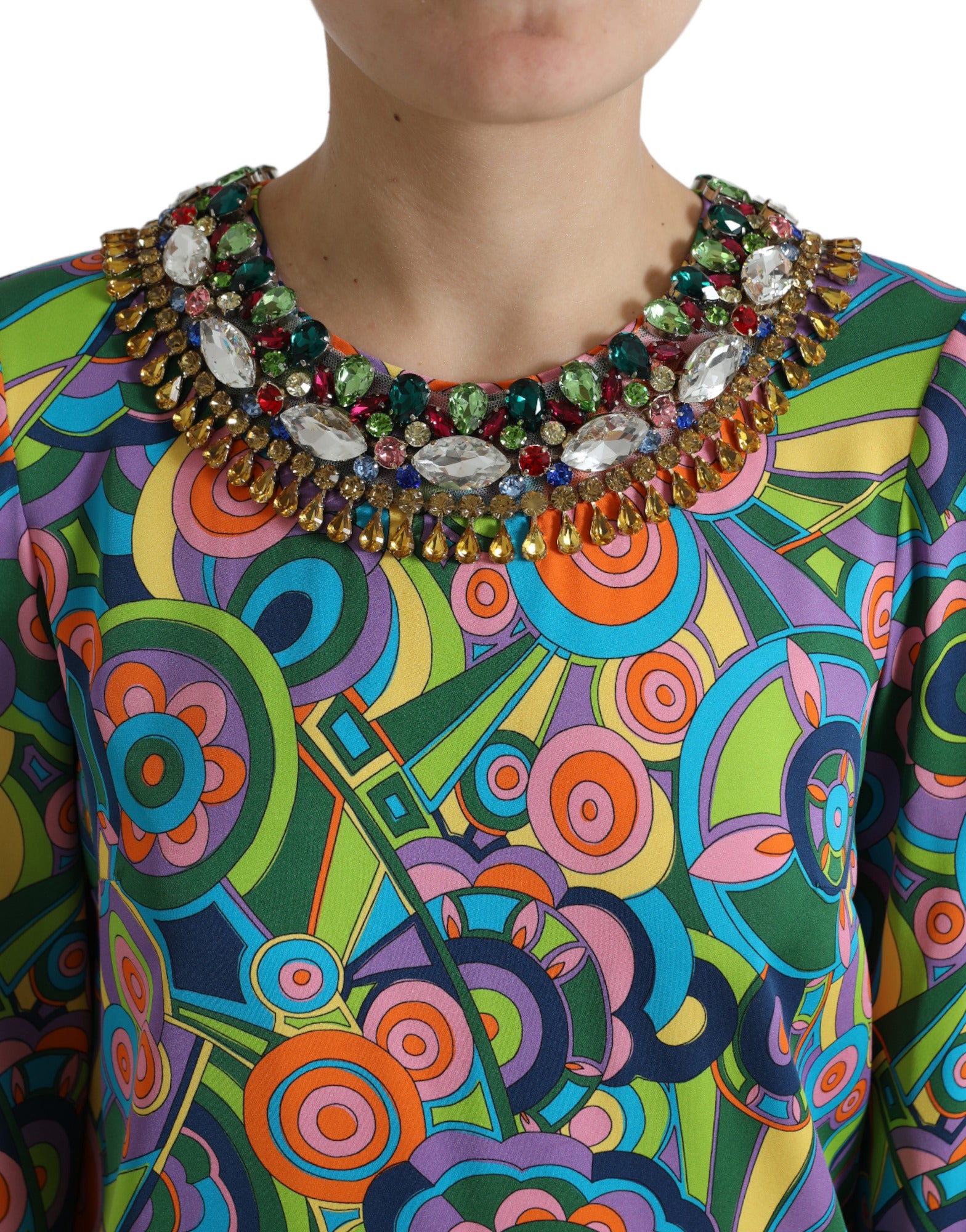 Dolce & Gabbana Multicolor Geometric Print Silk Crystals Midi Dress by Dolce & Gabbana