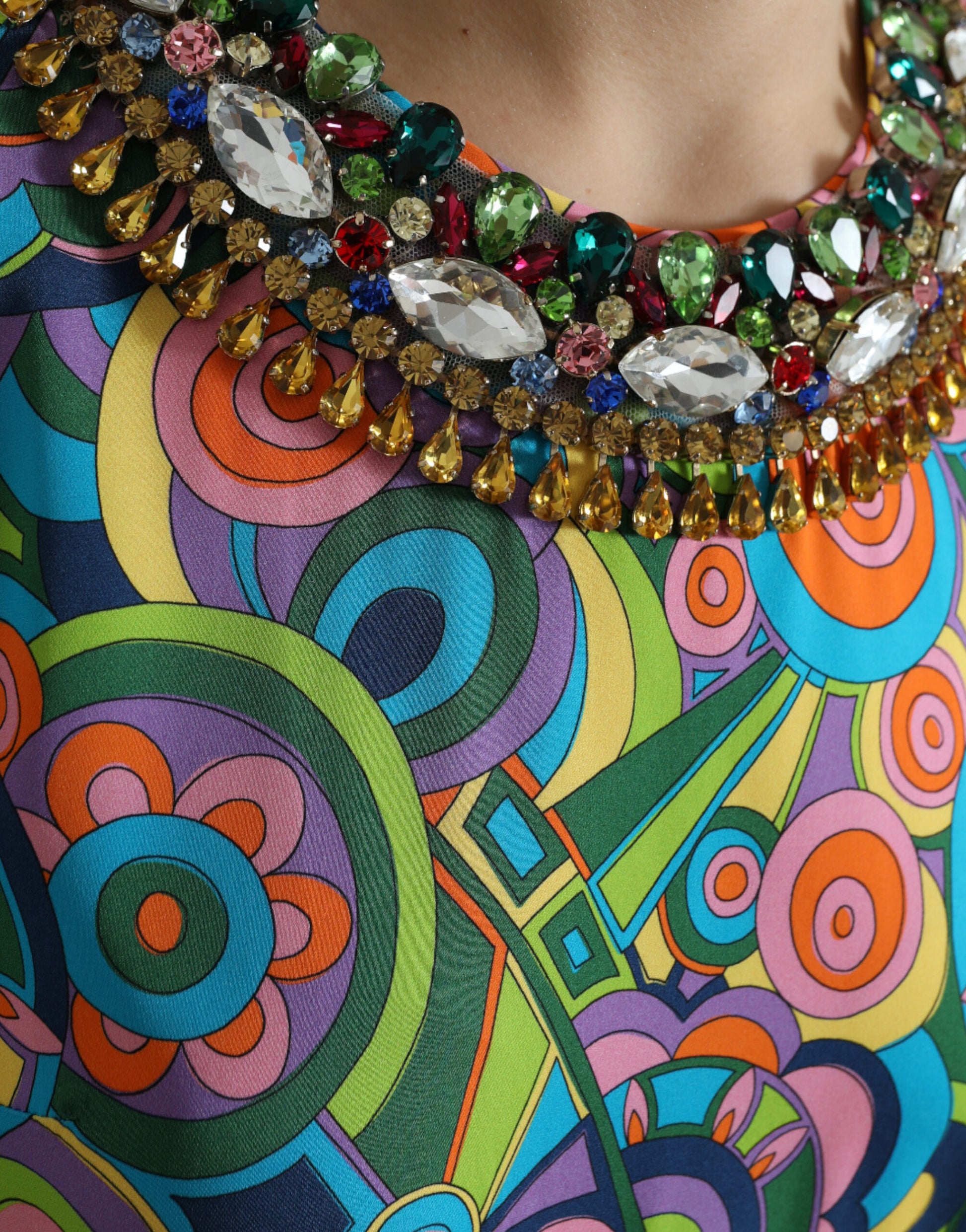 Dolce & Gabbana Multicolor Geometric Print Silk Crystals Midi Dress by Dolce & Gabbana