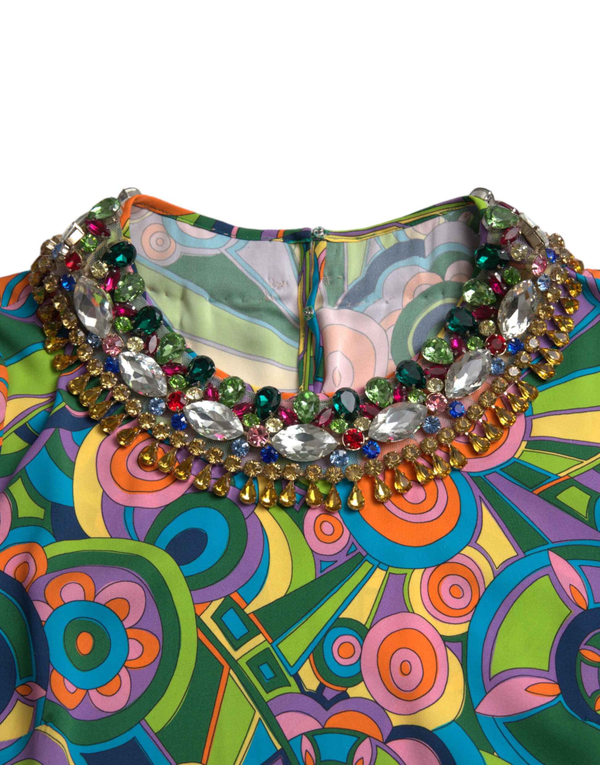 Dolce & Gabbana Multicolor Geometric Print Silk Crystals Midi Dress by Dolce & Gabbana