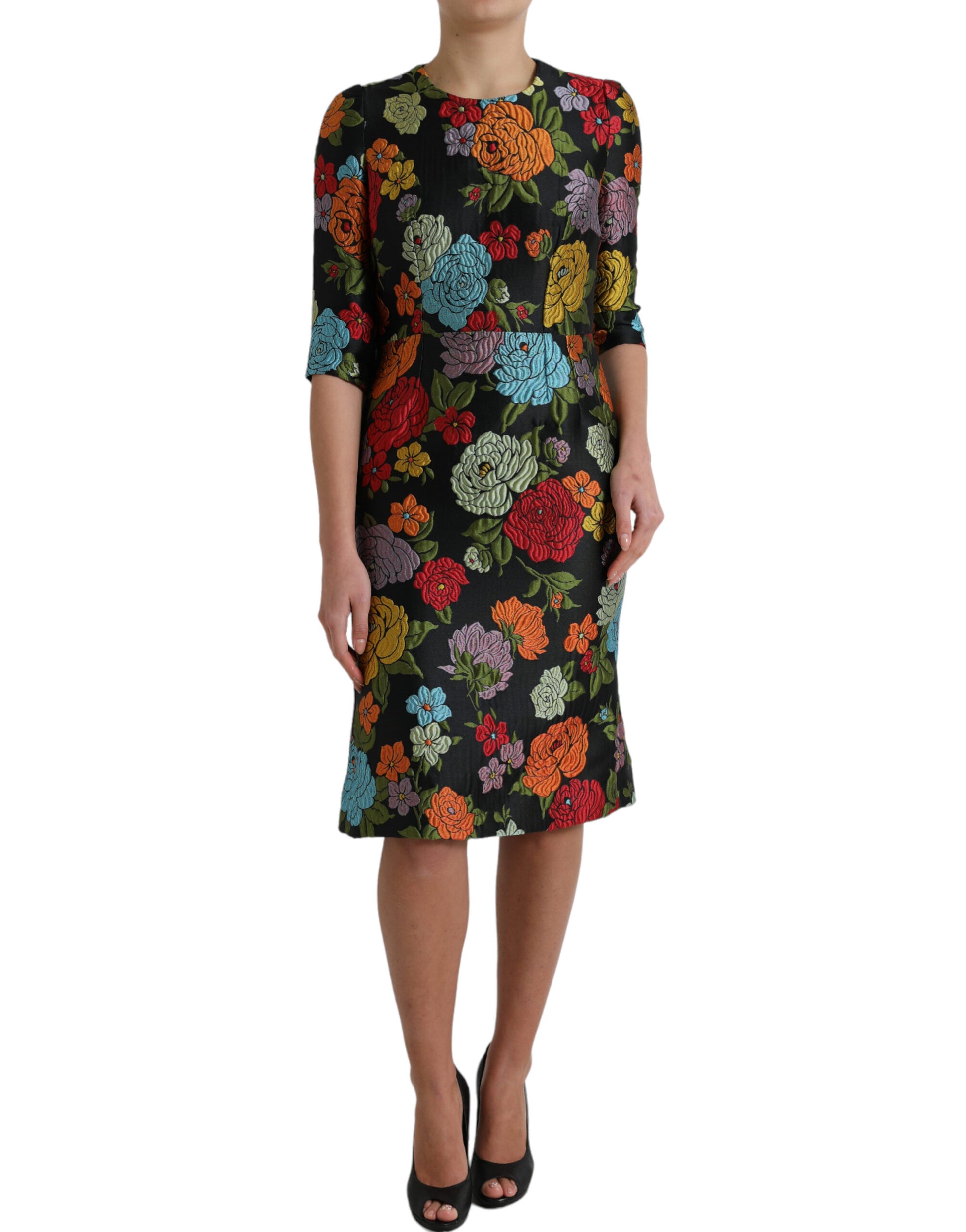Dolce & Gabbana Black Floral Embroidery Knee Length Dress by Dolce & Gabbana