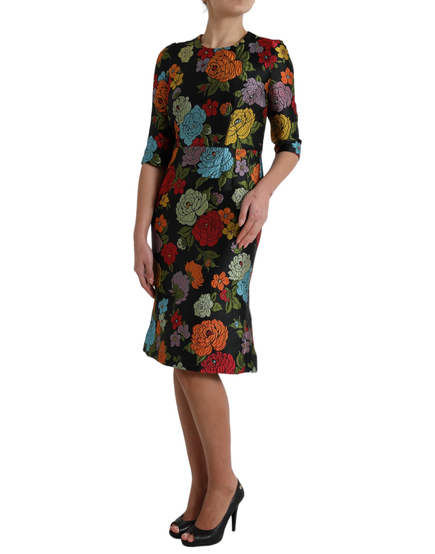 Dolce & Gabbana Black Floral Embroidery Knee Length Dress by Dolce & Gabbana
