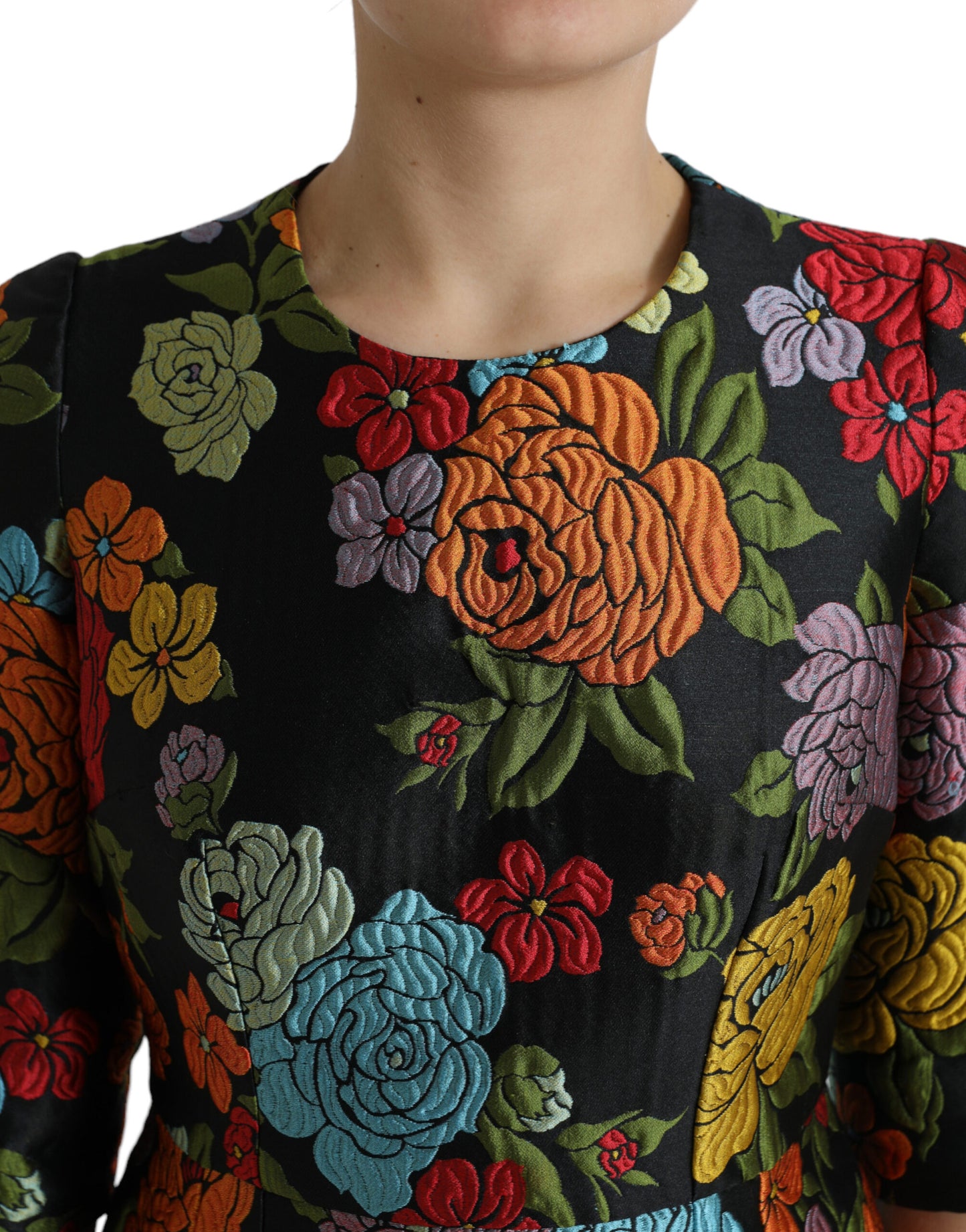 Dolce & Gabbana Black Floral Embroidery Knee Length Dress by Dolce & Gabbana